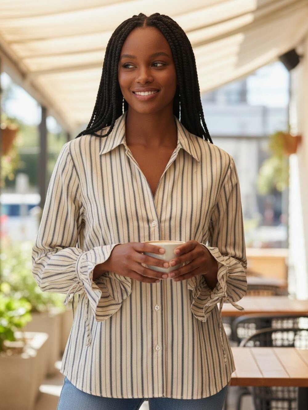 Lauren Ralph Lauren Womens Large Yellow Striped Bell Sleeve Button Up Shirt Top